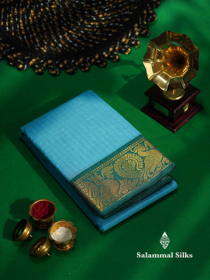 Beautiful Peacock Blue Traditional Checks Chettinad Pure Cotton Saree With Ramar Blue Border