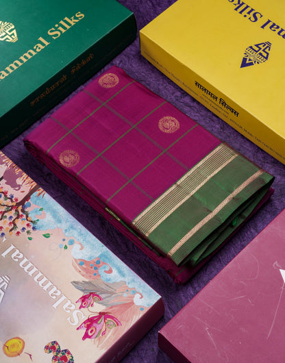 Beautiful Magenta Pink Checks With Butta Pure Kanjivaram Silk Saree With Contrast Green Traditional Gap Border