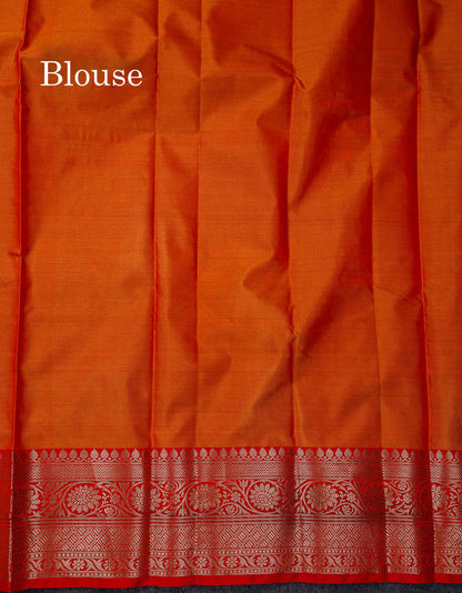 Beautiful Dual Tone Sapphire Green Pochampalli Design Semi Silk Saree With Contrast Rust Orange Blouse