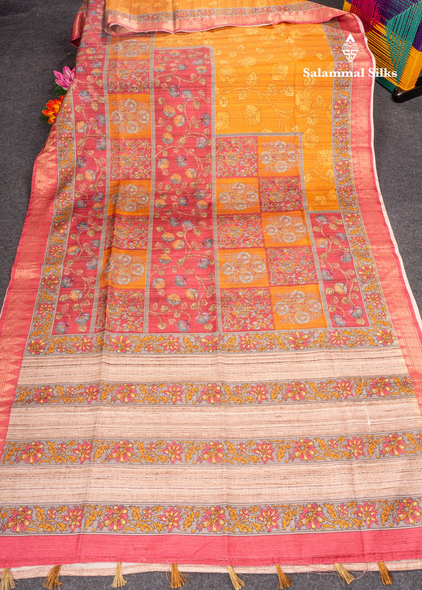 Mustard Yellow Semi Tussar Fancy Saree With Contrast Pink Shade Border