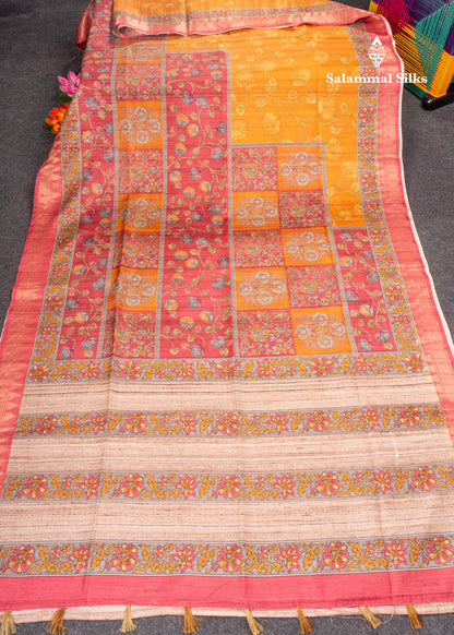 Mustard Yellow Semi Tussar Fancy Saree With Contrast Pink Shade Border