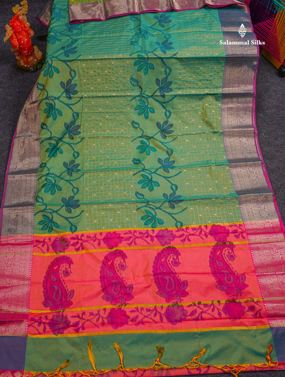 Beautiful Dual Tone Pink Pochampalli Design Semi Silk Saree With Contrast Magenta Pink Traditional Border