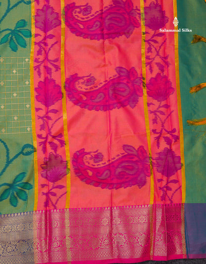 Beautiful Dual Tone Pink Pochampalli Design Semi Silk Saree With Contrast Magenta Pink Traditional Border