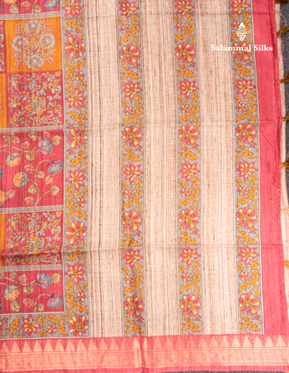 Mustard Yellow Semi Tussar Fancy Saree With Contrast Pink Shade Border