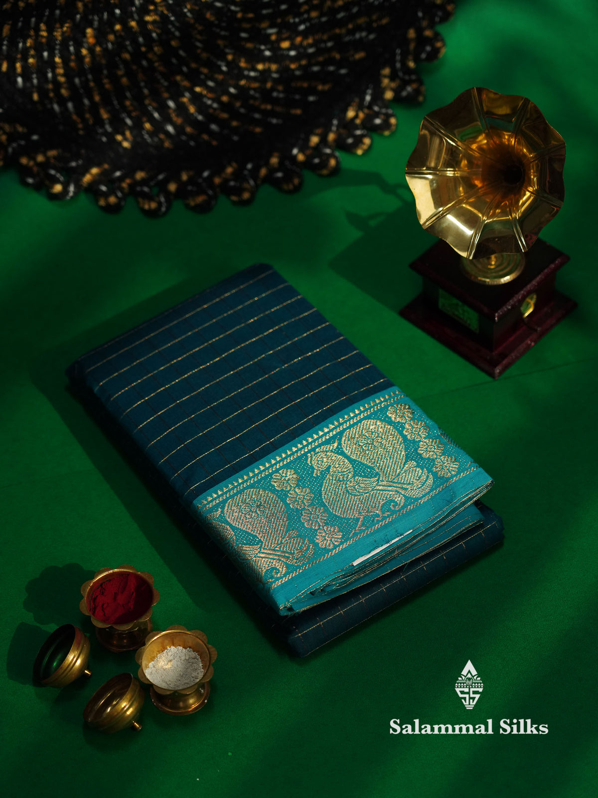 Beautiful Peacock Blue Traditional Checks Chettinad Pure Cotton Saree With Ramar Blue Border
