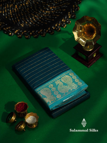 Beautiful Peacock Blue Traditional Checks Chettinad Pure Cotton Saree With Ramar Blue Border