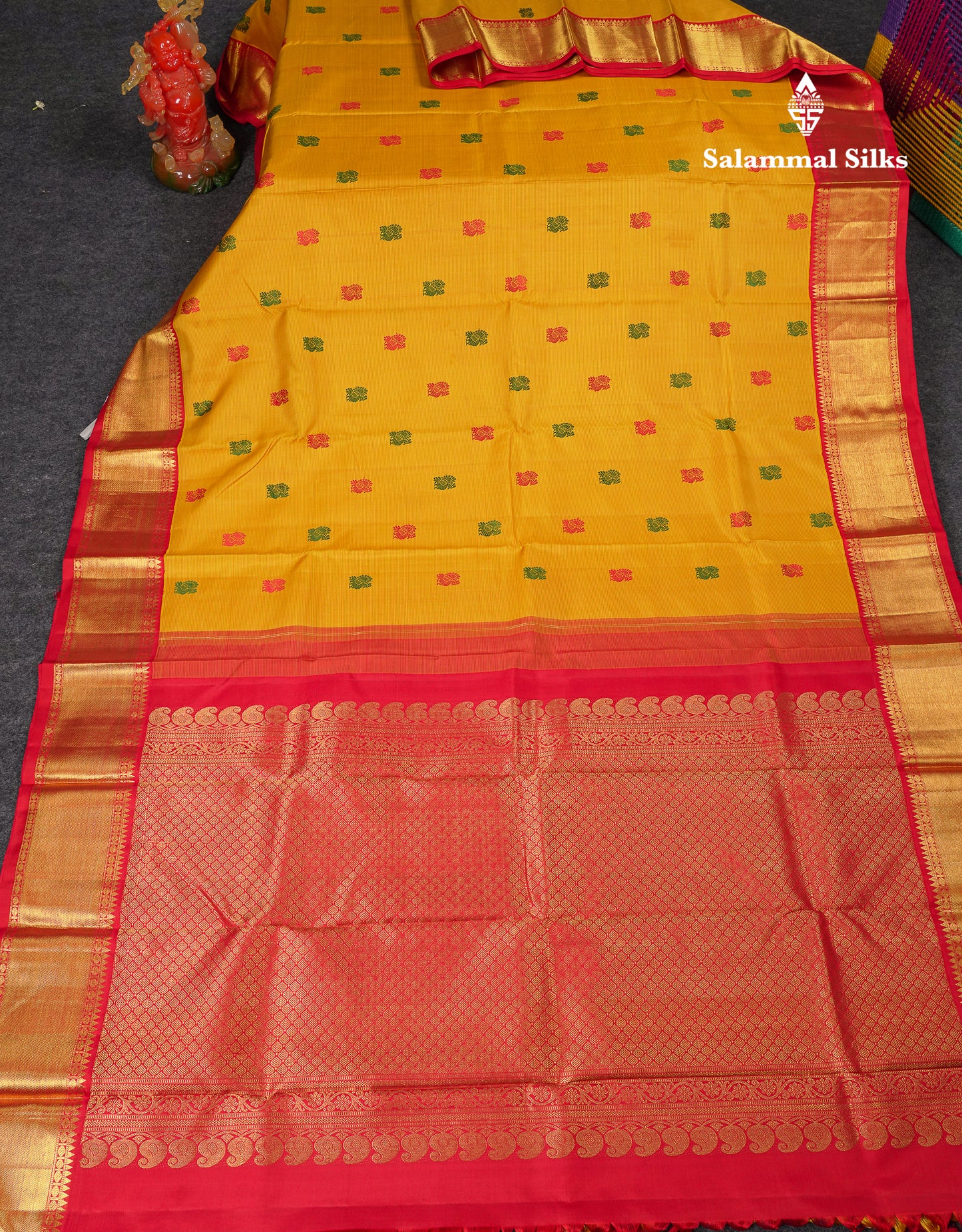 Beautiful Yellow Thread Work Butta Pure Kanjivaram Pure Silk Saree With Contrast Chilly Red Traditional Border