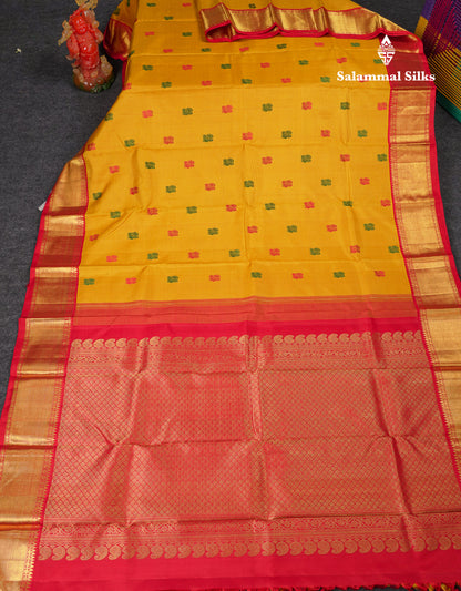 Beautiful Yellow Thread Work Butta Pure Kanjivaram Pure Silk Saree With Contrast Chilly Red Traditional Border