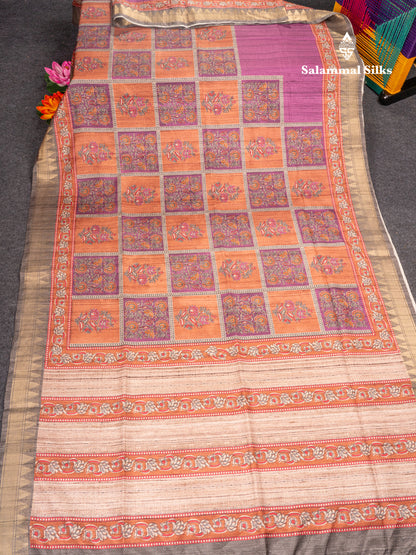 Mustard Yellow Semi Tussar Fancy Saree With Contrast Pink Shade Border