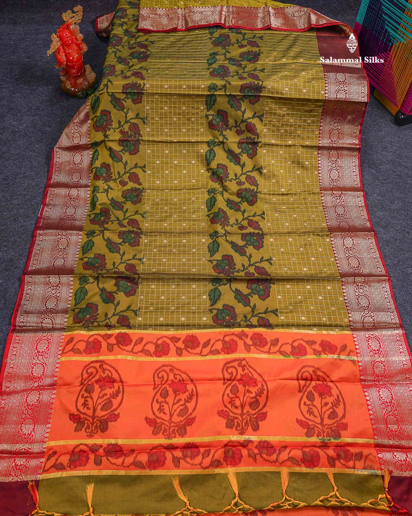 Beautiful Dual Tone Olive Green Pochampalli Design Semi Silk Saree With Contrast Orange Blouse