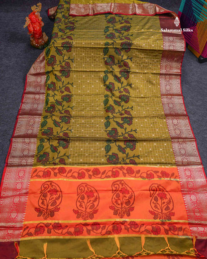 Beautiful Dual Tone Olive Green Pochampalli Design Semi Silk Saree With Contrast Orange Blouse