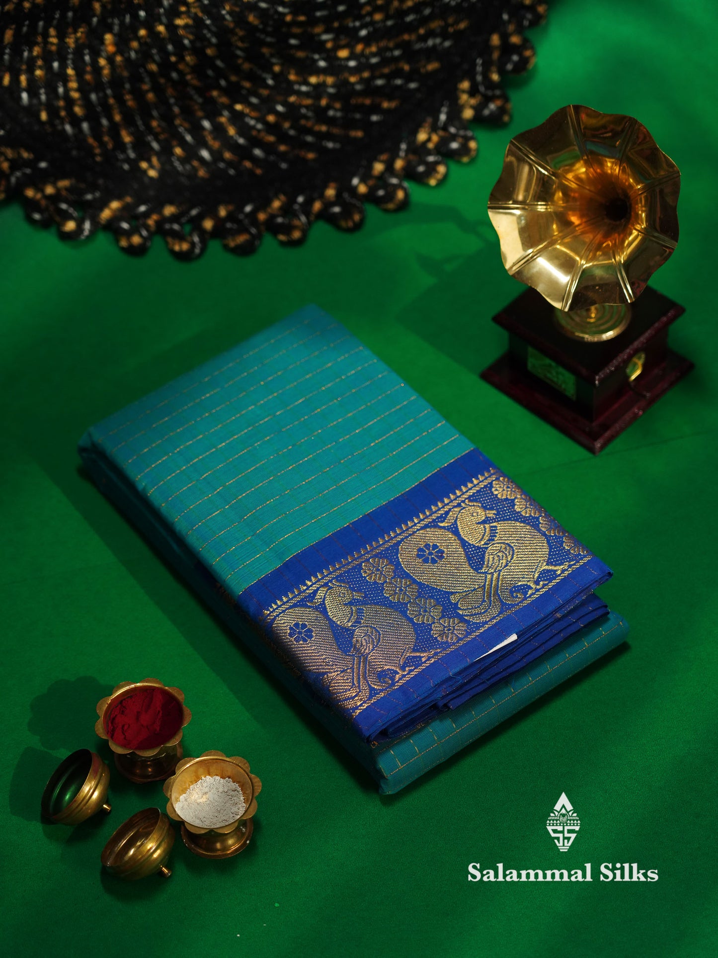 Beautiful Peacock Blue Traditional Checks Chettinad Pure Cotton Saree With Ramar Blue Border