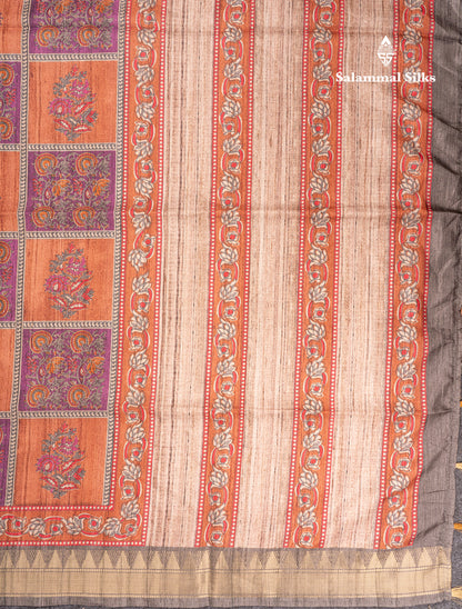 Mustard Yellow Semi Tussar Fancy Saree With Contrast Pink Shade Border