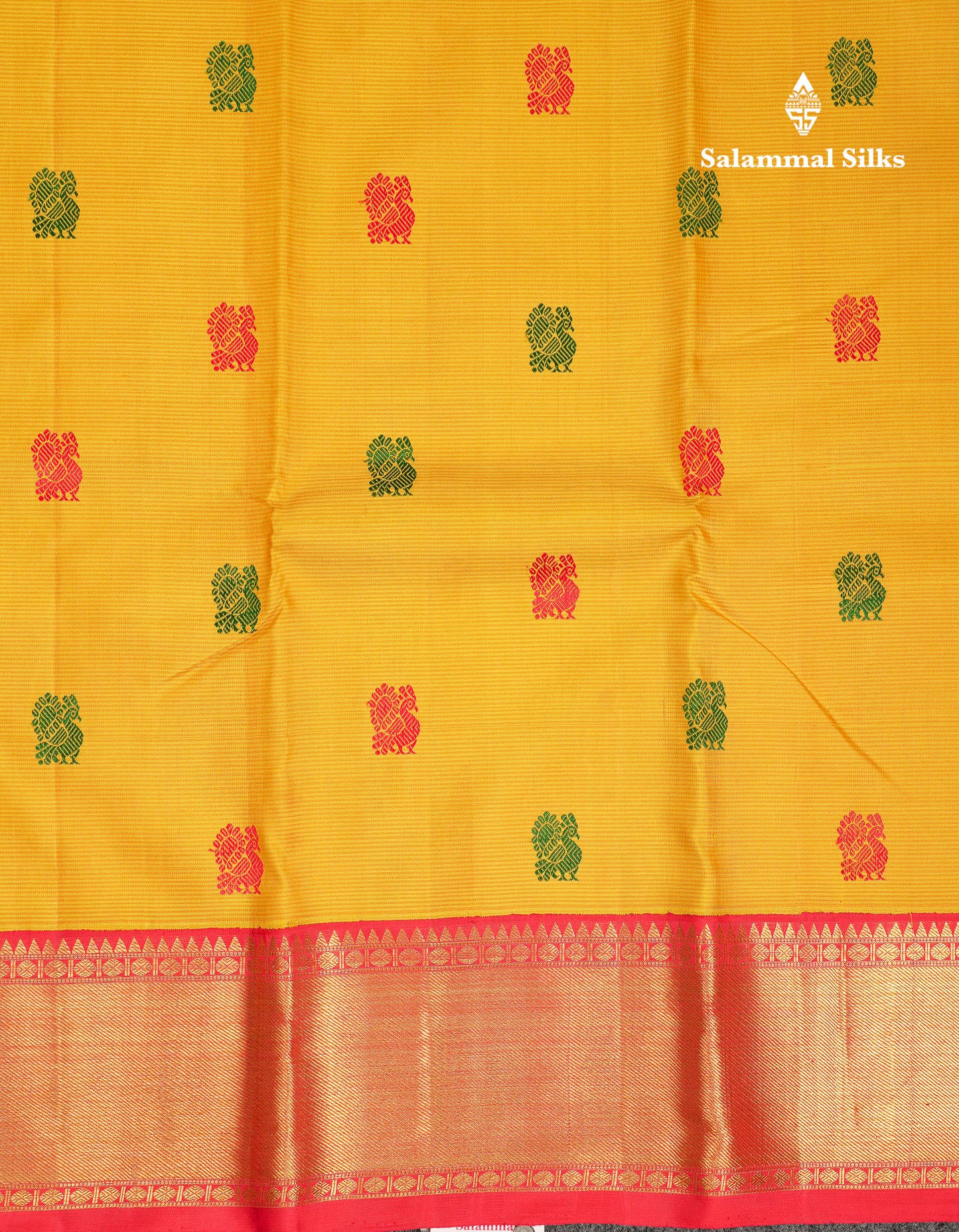 Beautiful Yellow Thread Work Butta Pure Kanjivaram Pure Silk Saree With Contrast Chilly Red Traditional Border