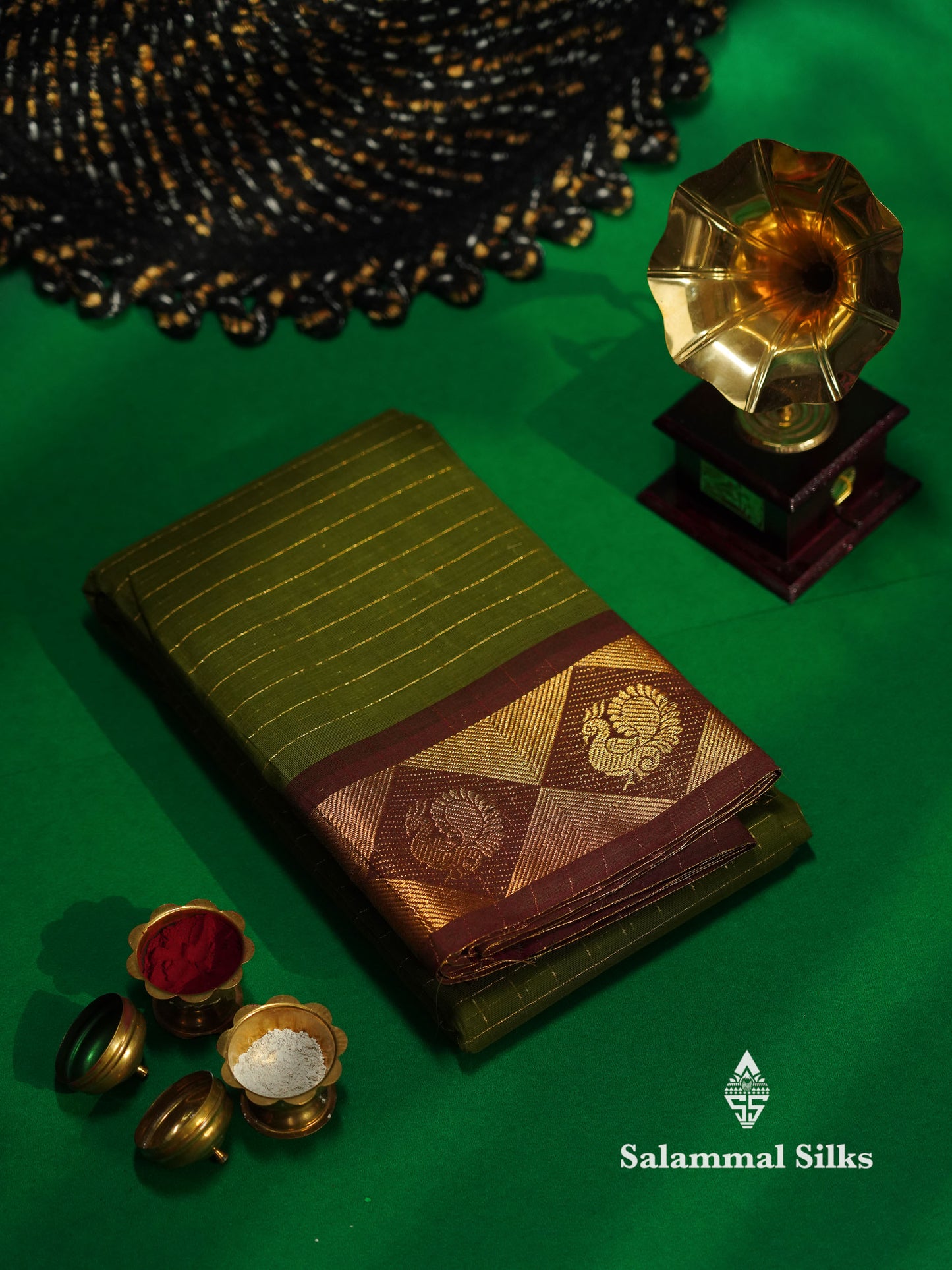 Beautiful Green Shade Traditional Checks Chettinad Pure Cotton Saree With Dark Brown Border