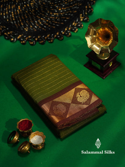 Beautiful Green Shade Traditional Checks Chettinad Pure Cotton Saree With Dark Brown Border