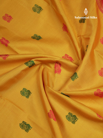Beautiful Yellow Thread Work Butta Pure Kanjivaram Pure Silk Saree With Contrast Chilly Red Traditional Border