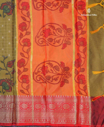 Beautiful Dual Tone Olive Green Pochampalli Design Semi Silk Saree With Contrast Orange Blouse