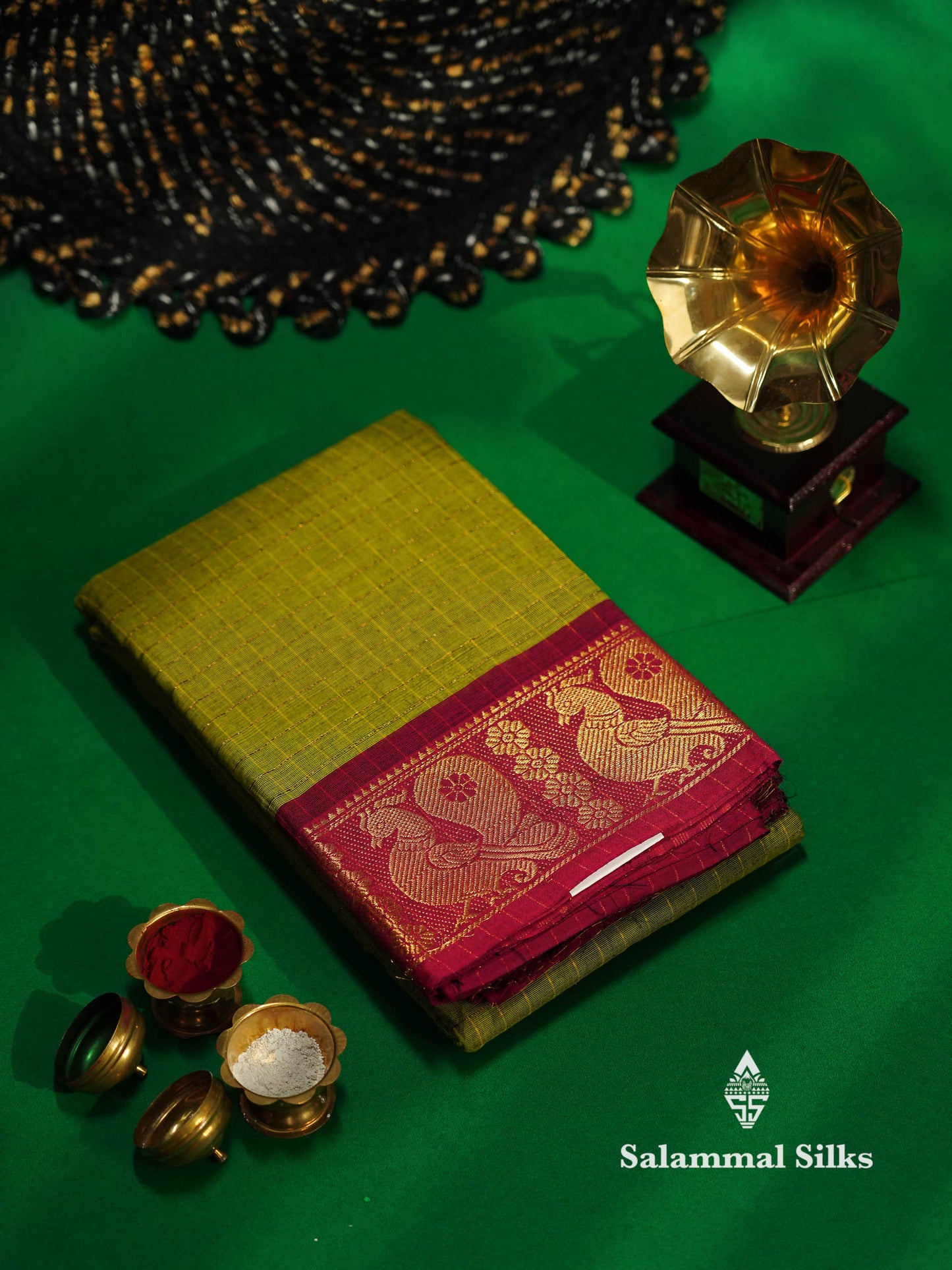 Beautiful Dark Bottle Green Traditional Checks Chettinad Pure Cotton Saree With Maroon Border