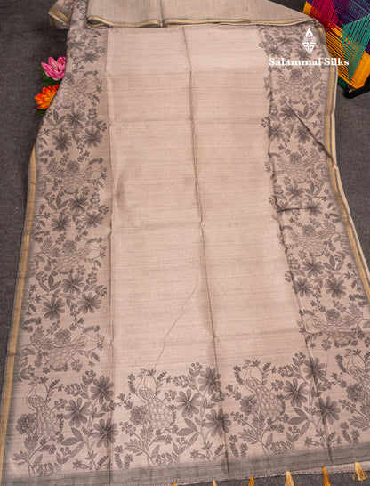 Grey Colour Semi Tussar Fancy Saree With Designer Blouse