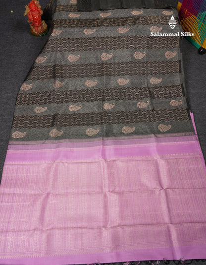 Beautiful Black & Grey Fancy Pure Kanjivaram Silk Saree With Contrast Lavender Blouse