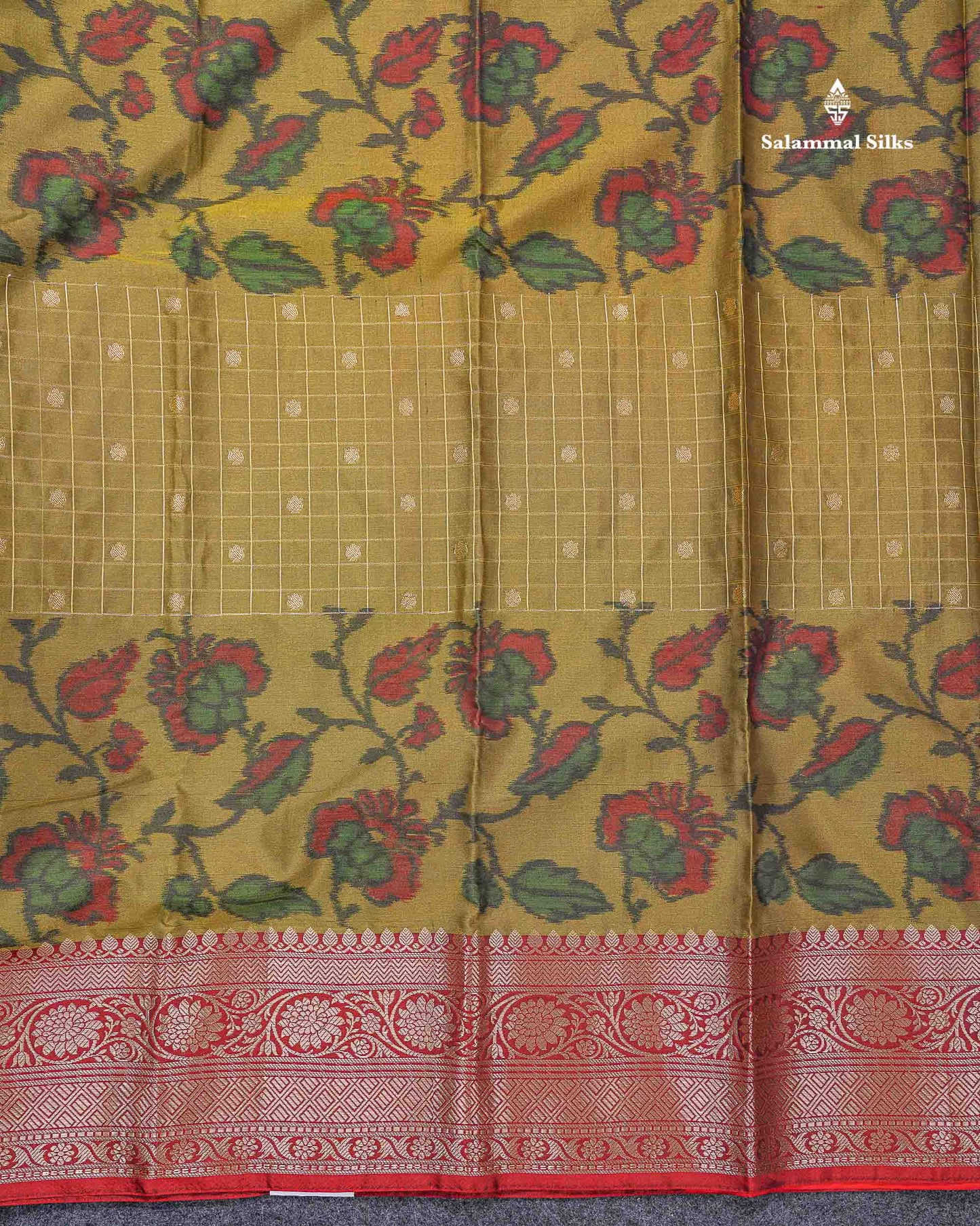 Beautiful Dual Tone Olive Green Pochampalli Design Semi Silk Saree With Contrast Orange Blouse