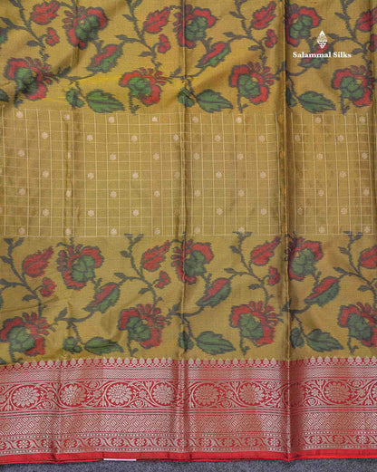 Beautiful Dual Tone Olive Green Pochampalli Design Semi Silk Saree With Contrast Orange Blouse