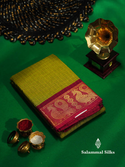 Beautiful Dark Bottle Green Traditional Checks Chettinad Pure Cotton Saree With Maroon Border