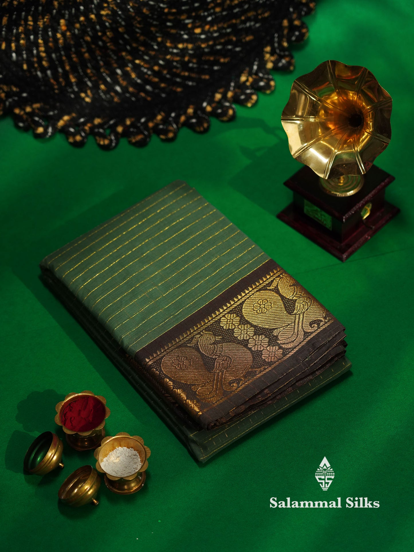 Beautiful Dark Bottle Green Traditional Checks Chettinad Pure Cotton Saree With Maroon Border