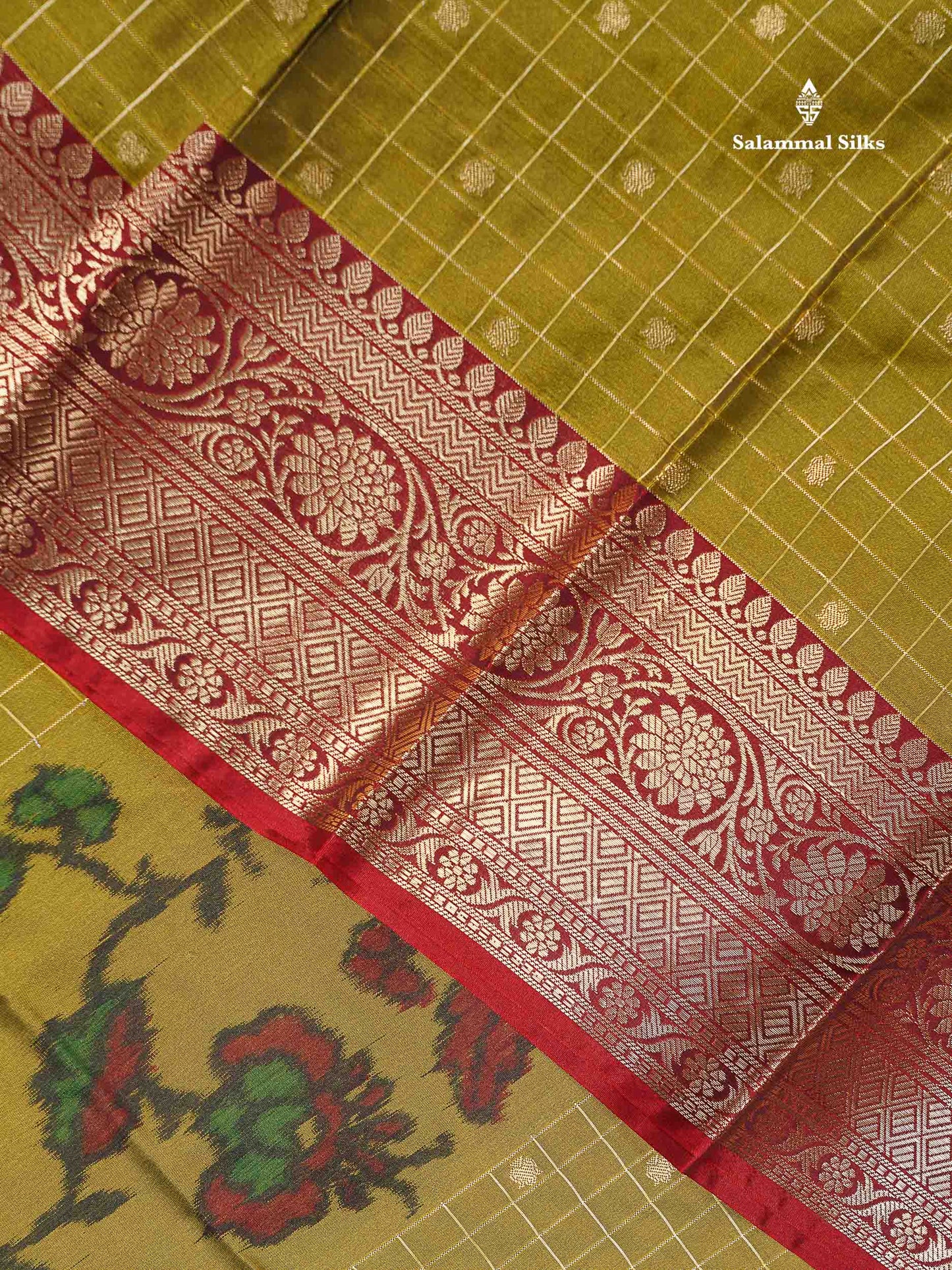 Beautiful Dual Tone Olive Green Pochampalli Design Semi Silk Saree With Contrast Orange Blouse