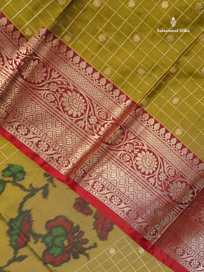 Beautiful Dual Tone Olive Green Pochampalli Design Semi Silk Saree With Contrast Orange Blouse