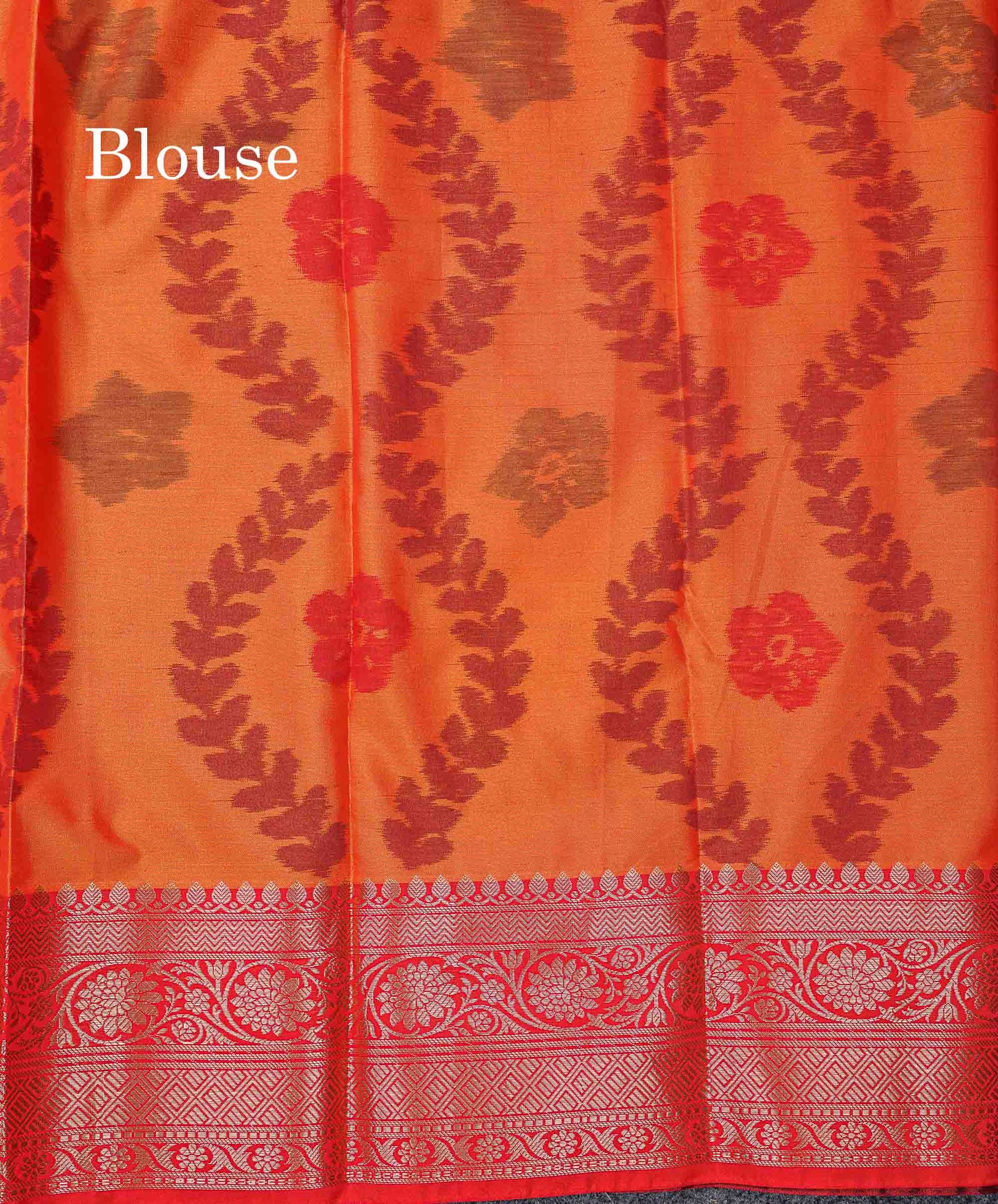 Beautiful Dual Tone Olive Green Pochampalli Design Semi Silk Saree With Contrast Orange Blouse