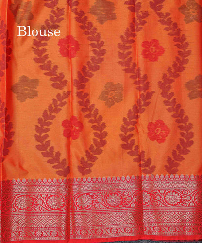 Beautiful Dual Tone Olive Green Pochampalli Design Semi Silk Saree With Contrast Orange Blouse