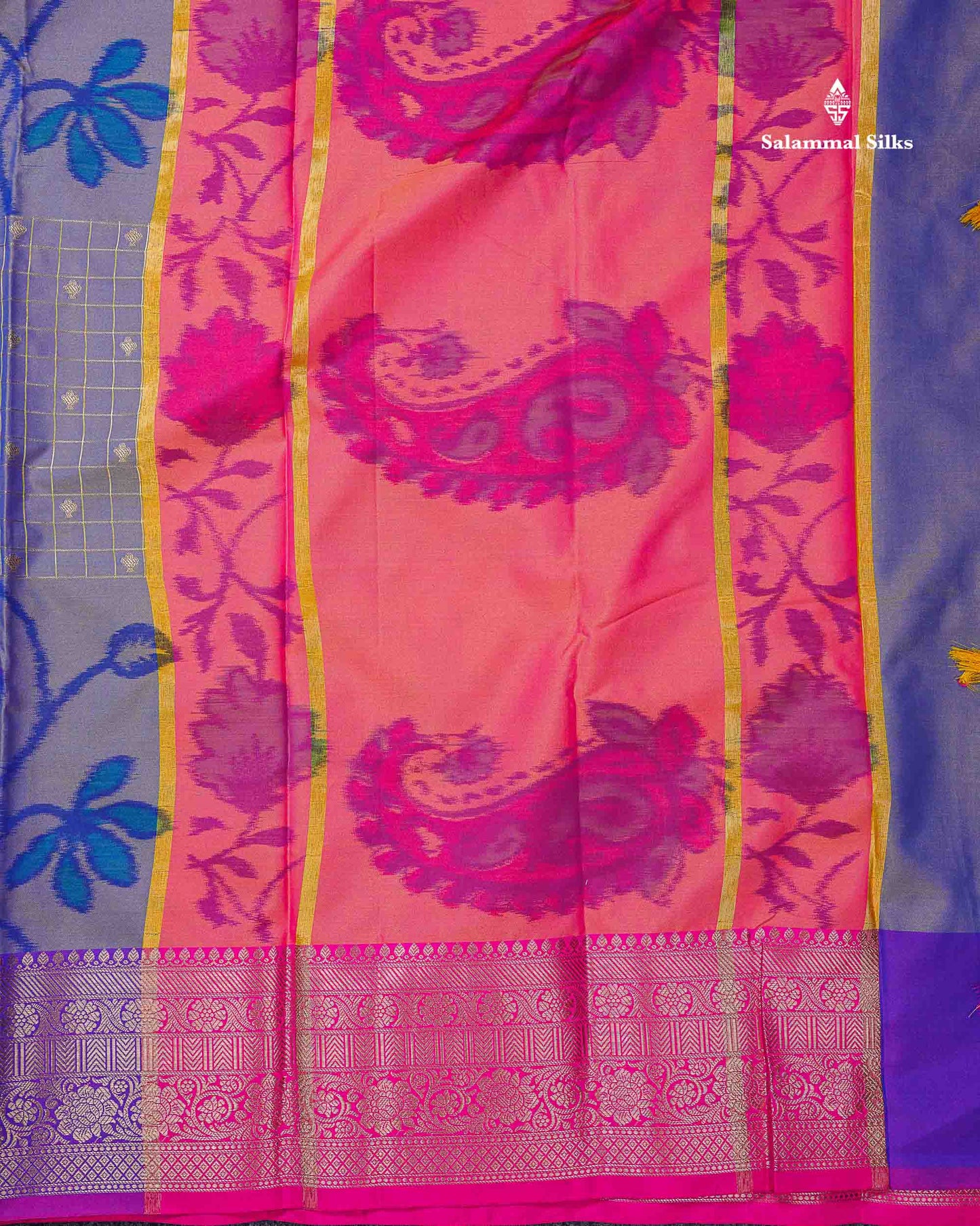 Beautiful Dual Tone Pink Pochampalli Design Semi Silk Saree With Contrast Magenta Pink Traditional Border