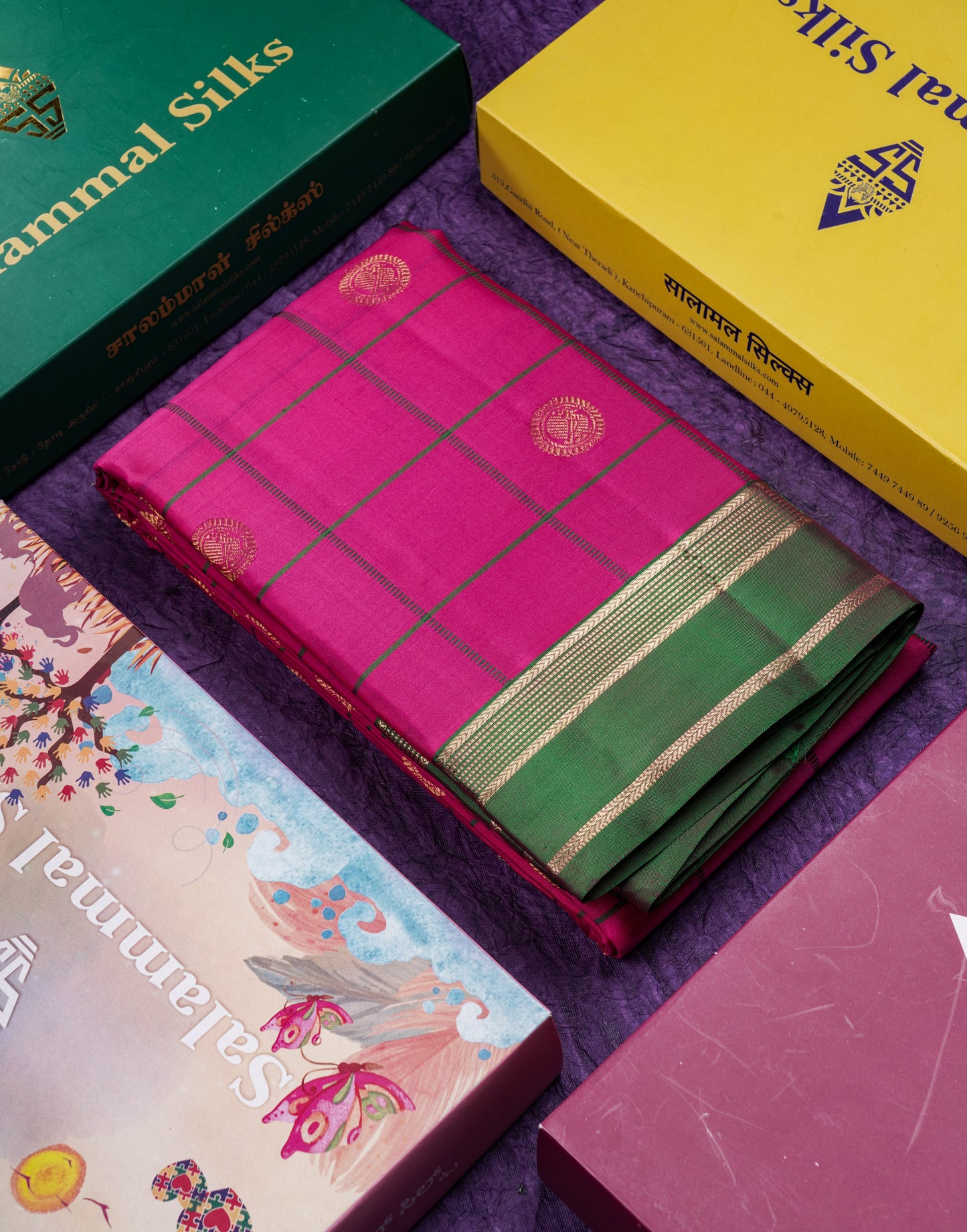 Beautiful Magenta Pink Checks With Butta Pure Kanjivaram Silk Saree With Contrast Green Traditional Gap Border
