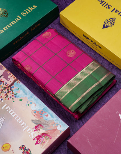 Beautiful Magenta Pink Checks With Butta Pure Kanjivaram Silk Saree With Contrast Green Traditional Gap Border