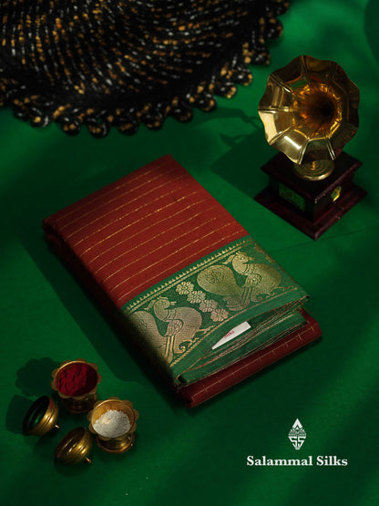 Beautiful Dark Bottle Green Traditional Checks Chettinad Pure Cotton Saree With Maroon Border