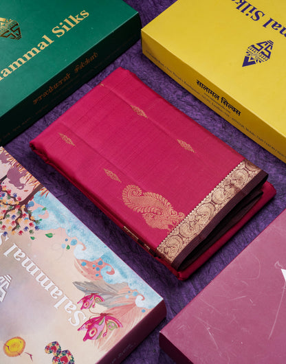 Beautiful Pink Shade Pure Kanjivaram Silk Saree With Contrast Dark Brown Traditional Small Border