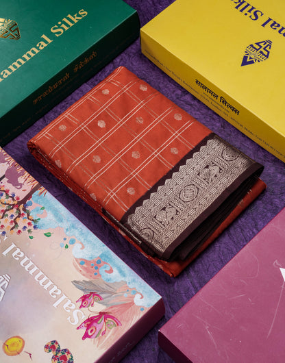 Beautiful Rust Orange Semi Silk Saree With Contrast Dark Brown Traditional Medium Border