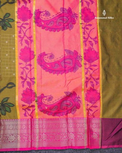 Beautiful Dual Tone Pink Pochampalli Design Semi Silk Saree With Contrast Magenta Pink Traditional Border