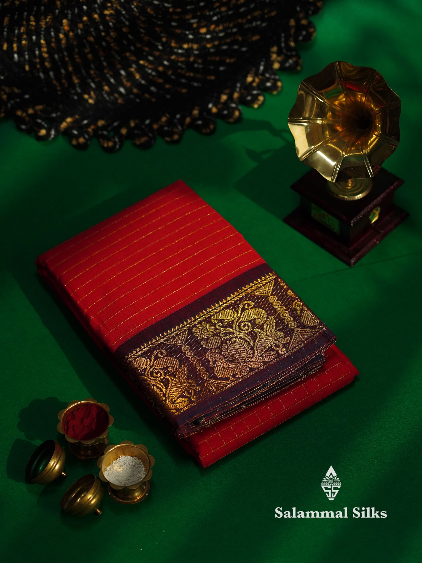 Beautiful Dark Bottle Green Traditional Checks Chettinad Pure Cotton Saree With Maroon Border