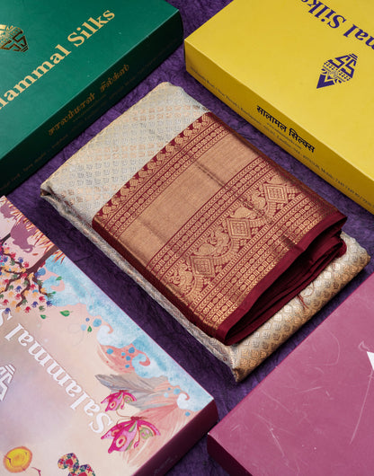 Beautiful Elaichi Green Tissue 2G Pure Kanjivaram Silk Saree With Contrast Dark Maroon Traditional Border