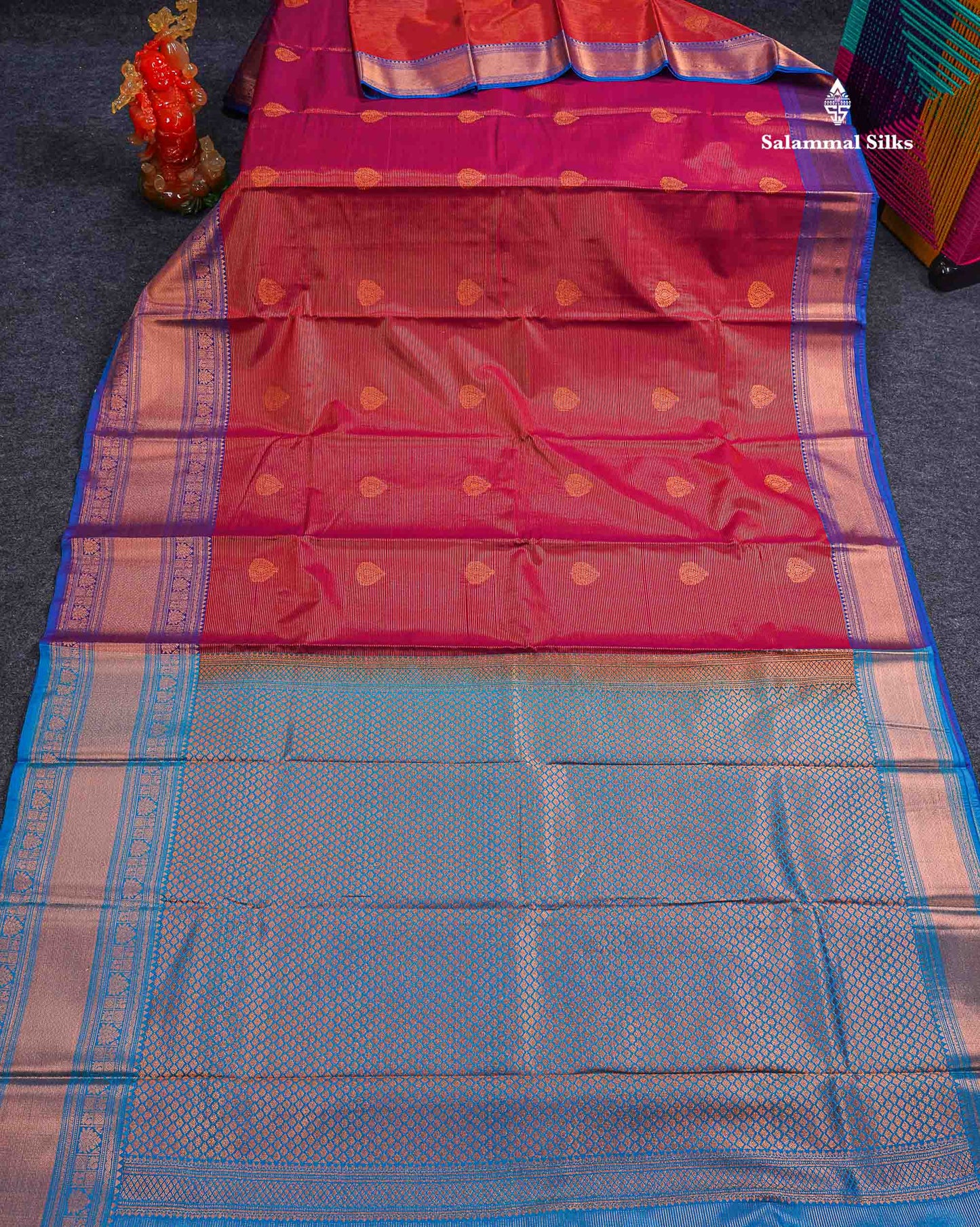 Beautiful Maroon Vaira Oosi Lines With Butta Semi Silk Saree With Contrast Dual Tone Blue Evening Morning Border
