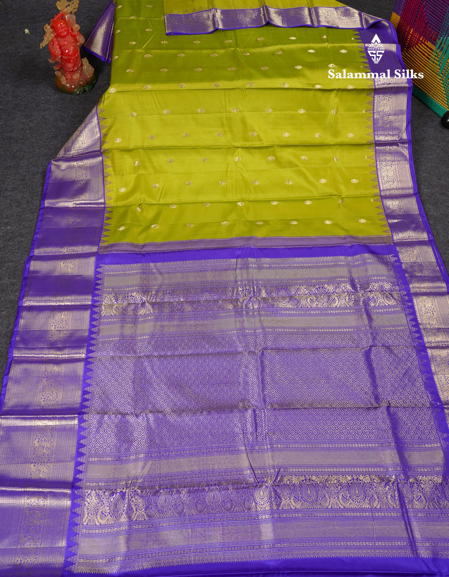 Beautiful Manthulir Yellow Pure Kanjivaram Silk Saree With Contrast Royal Blue Traditional Evening Morning Border