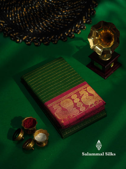 Beautiful Dark Bottle Green Traditional Checks Chettinad Pure Cotton Saree With Maroon Border