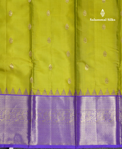 Beautiful Manthulir Yellow Pure Kanjivaram Silk Saree With Contrast Royal Blue Traditional Evening Morning Border