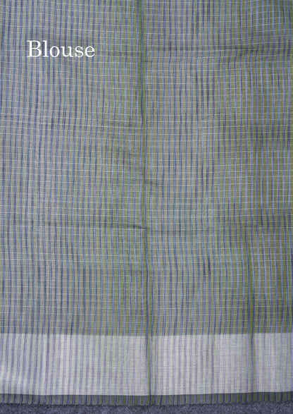 Light Elaichi Green Silver Zari Lines Linen Cotton Mix Fancy Saree With Blouse