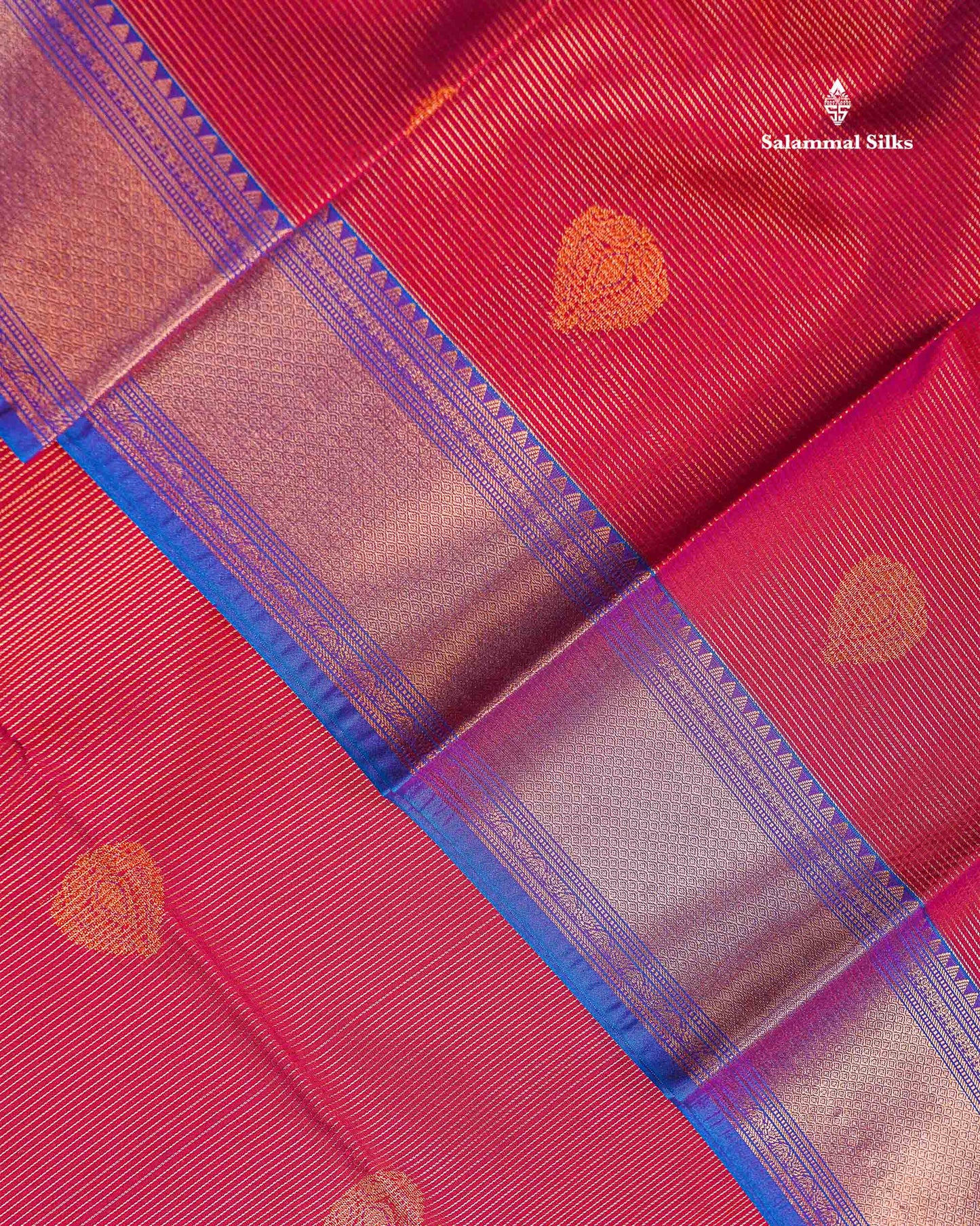 Beautiful Maroon Vaira Oosi Lines With Butta Semi Silk Saree With Contrast Dual Tone Blue Evening Morning Border