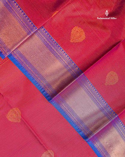 Beautiful Maroon Vaira Oosi Lines With Butta Semi Silk Saree With Contrast Dual Tone Blue Evening Morning Border