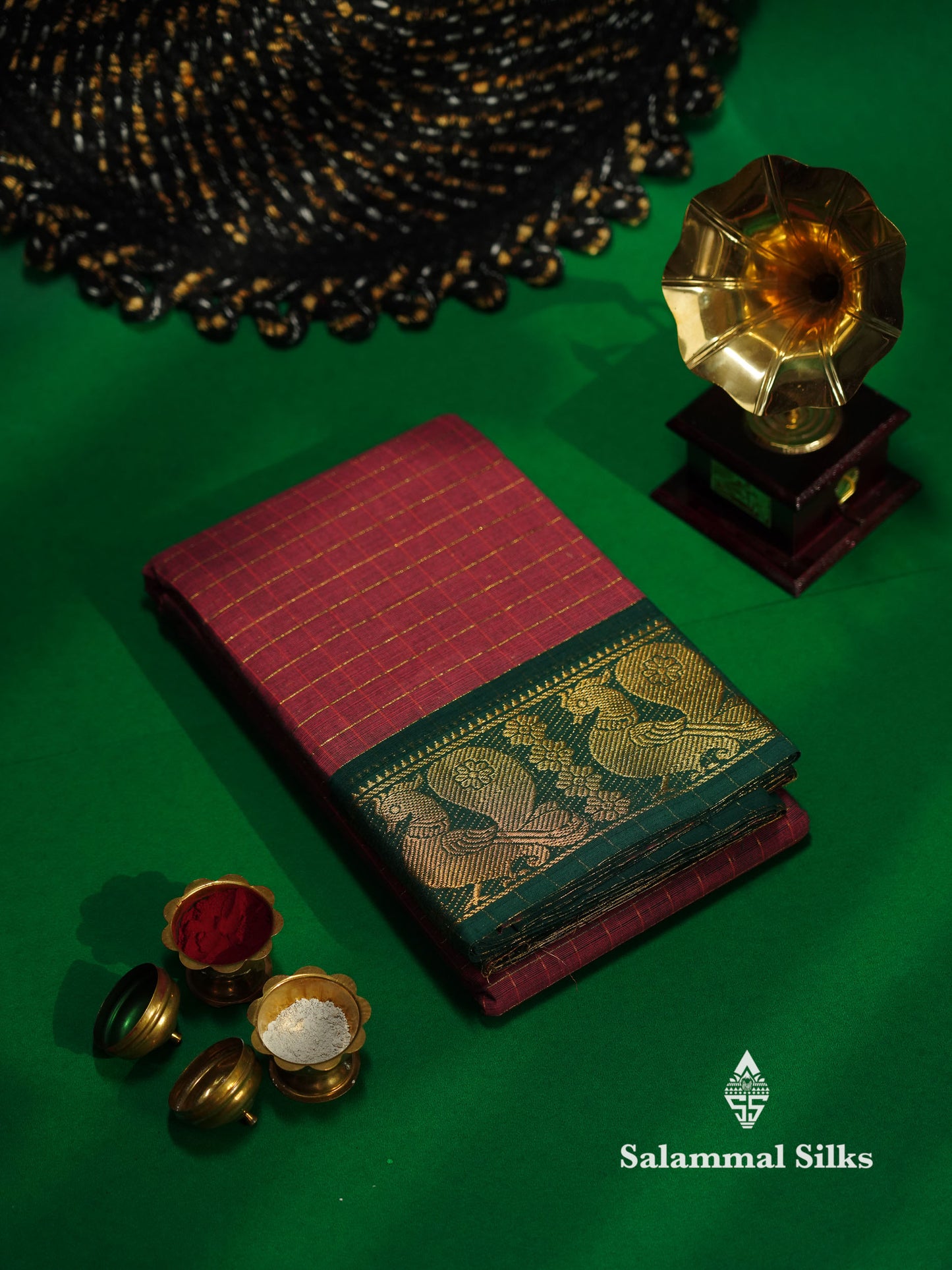 Beautiful Dark Bottle Green Traditional Checks Chettinad Pure Cotton Saree With Maroon Border